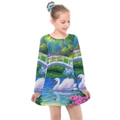 Swan Bird Spring Flowers Trees Lake Pond Landscape Original Aceo Painting Art Kids  Long Sleeve Dress by Ket1n9