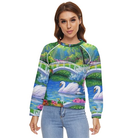 Swan Bird Spring Flowers Trees Lake Pond Landscape Original Aceo Painting Art Women s Long Sleeve Raglan T-shirt by Ket1n9