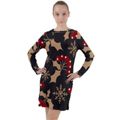 Christmas Pattern With Snowflakes Berries Long Sleeve Hoodie Dress by Ket1n9