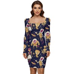 Alien Surface Pattern Women Long Sleeve Ruched Stretch Jersey Dress by Ket1n9