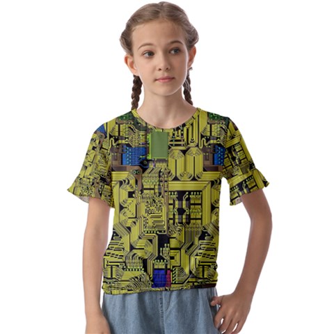 Technology Circuit Board Kids  Cuff Sleeve Scrunch Bottom T-shirt by Ket1n9