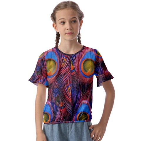 Pretty Peacock Feather Kids  Cuff Sleeve Scrunch Bottom T-shirt by Ket1n9