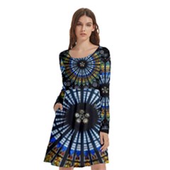 Stained Glass Rose Window In France s Strasbourg Cathedral Long Sleeve Knee Length Skater Dress With Pockets by Ket1n9