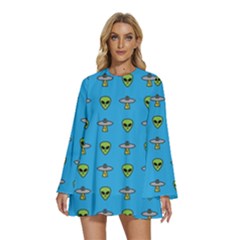 Alien Pattern Round Neck Long Sleeve Bohemian Style Chiffon Mini Dress by Ket1n9