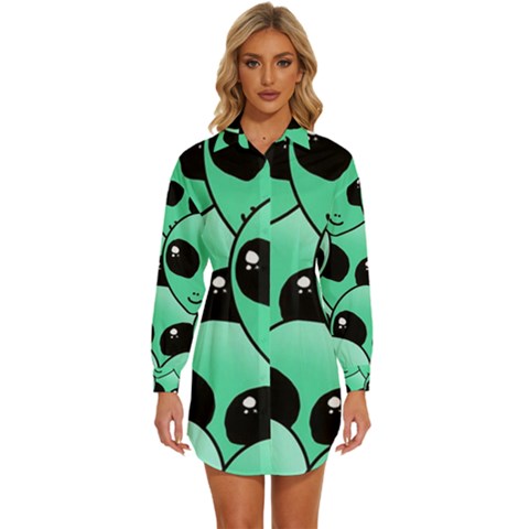 Art Alien Pattern Womens Long Sleeve Shirt Dress by Ket1n9