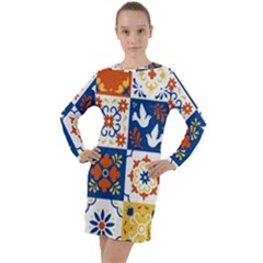 Mexican-talavera-pattern-ceramic-tiles-with-flower-leaves-bird-ornaments-traditional-majolica-style- Long Sleeve Hoodie Dress by Ket1n9