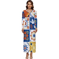 Mexican-talavera-pattern-ceramic-tiles-with-flower-leaves-bird-ornaments-traditional-majolica-style- Long Sleeve Longline Maxi Dress by Ket1n9