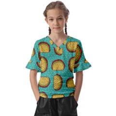 Taco-drawing-background-mexican-fast-food-pattern Kids  V-neck Horn Sleeve Blouse by Ket1n9