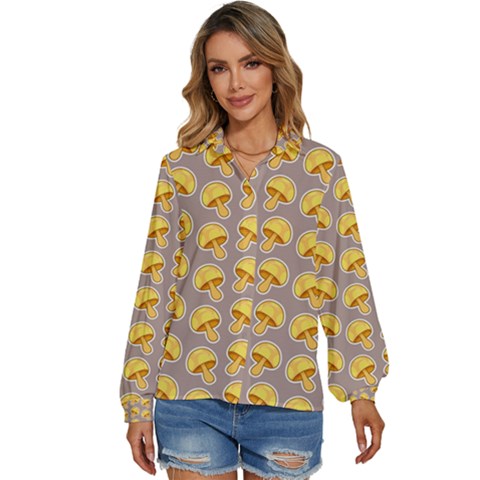 Yellow-mushroom-pattern Women s Long Sleeve Button Up Shirt by Ket1n9