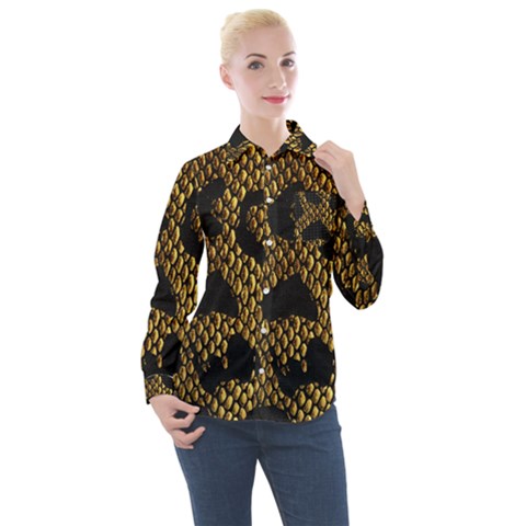 Metallic Snake Skin Pattern Women s Long Sleeve Pocket Shirt by Ket1n9