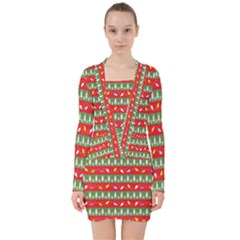 Christmas-papers-red-and-green V-neck Bodycon Long Sleeve Dress by Grandong