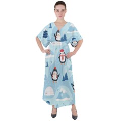 Christmas-seamless-pattern-with-penguin V-neck Boho Style Maxi Dress by Grandong