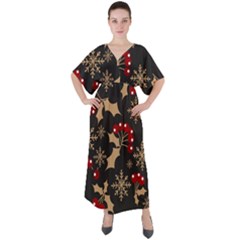 Christmas-pattern-with-snowflakes-berries V-neck Boho Style Maxi Dress by Grandong