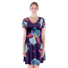 Owl-pattern-background Short Sleeve V-neck Flare Dress by Grandong