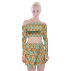 Owl-pattern-background Off Shoulder Top With Mini Skirt Set by Grandong