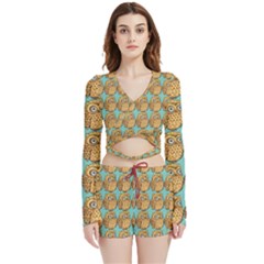 Owl Bird Pattern Velvet Wrap Crop Top And Shorts Set by Grandong