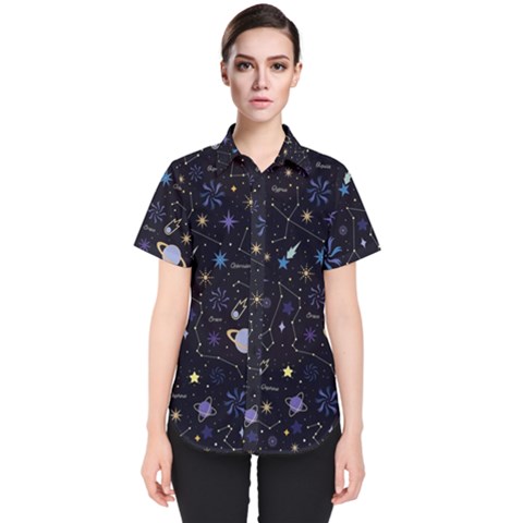 Starry Night  Space Constellations  Stars  Galaxy  Universe Graphic  Illustration Women s Short Sleeve Shirt by Grandong