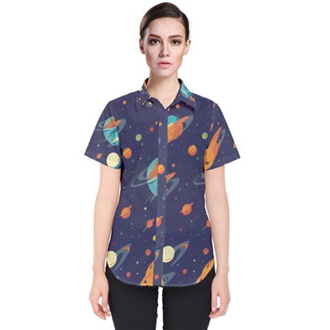 Space Galaxy Planet Universe Stars Night Fantasy Women s Short Sleeve Shirt by Grandong