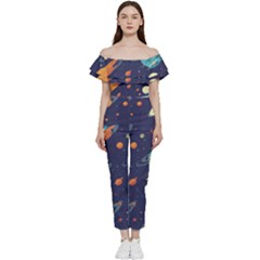 Space Galaxy Planet Universe Stars Night Fantasy Bardot Ruffle Jumpsuit by Grandong