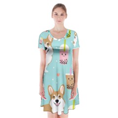 Welsh Corgi Boba Tea Bubble Cute Kawaii Dog Breed Short Sleeve V-neck Flare Dress by Grandong