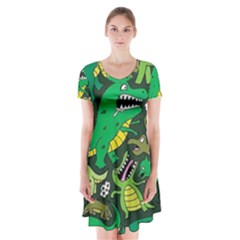 Dino Kawaii Short Sleeve V-neck Flare Dress by Grandong