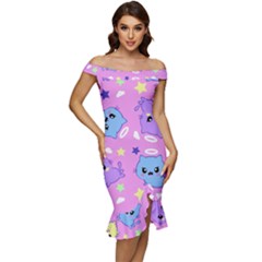 Seamless Pattern With Cute Kawaii Kittens Off Shoulder Ruffle Split Hem Bodycon Dress by Grandong