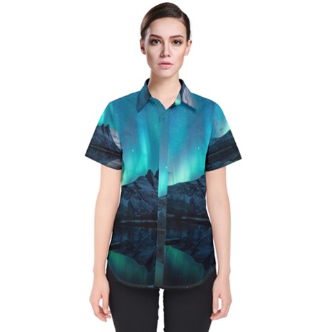 Aurora Borealis Mountain Reflection Women s Short Sleeve Shirt by Grandong