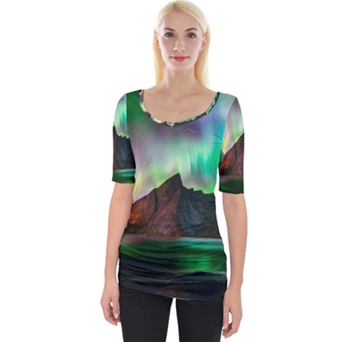 Aurora Borealis Nature Sky Light Wide Neckline T-shirt by Grandong