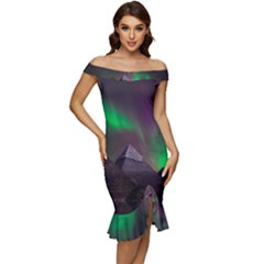 Aurora Stars Sky Mountains Snow Aurora Borealis Off Shoulder Ruffle Split Hem Bodycon Dress by Grandong