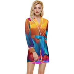 Colorful Fluid Art Abstract Modern Long Sleeve Satin Robe by Ravend