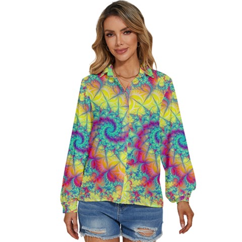 Fractal Spiral Abstract Background Women s Long Sleeve Button Up Shirt by Ravend