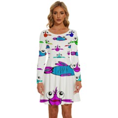 Fish Swim Cartoon Funnycute Long Sleeve Wide Neck Velvet Dress by Sapixe