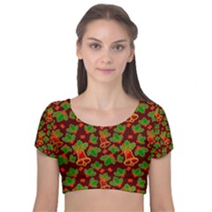 Christmas Wrapping Paper Velvet Short Sleeve Crop Top  by Pakjumat