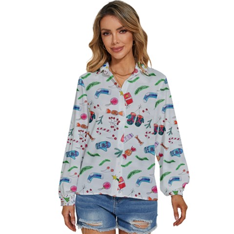 Illustration Christmas Pattern Women s Long Sleeve Button Up Shirt by Pakjumat