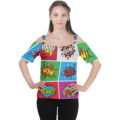 Pop Art Comic Vector Speech Cartoon Bubbles Popart Style With Humor Text Boom Bang Bubbling Expressi Cutout Shoulder T-shirt by Amaryn4rt