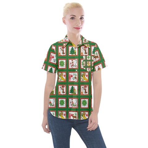 Christmas-paper-christmas-pattern Women s Short Sleeve Pocket Shirt by Amaryn4rt