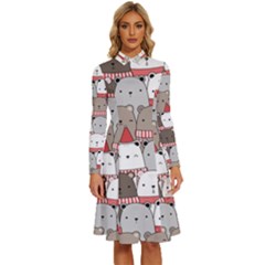 Cute Adorable Bear Merry Christmas Happy New Year Cartoon Doodle Seamless Pattern Long Sleeve Shirt Collar A-line Dress by Amaryn4rt