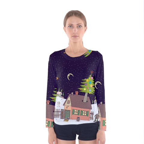 House Tree Man Moon Night Stars Women s Long Sleeve T-shirt by Pakjumat