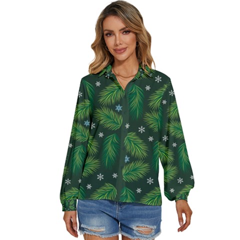 Leaves Snowflake Pattern Holiday Women s Long Sleeve Button Up Shirt by Pakjumat