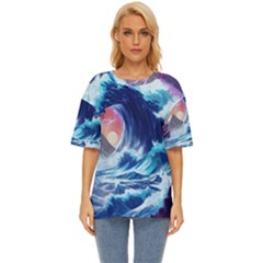 Storm Tsunami Waves Ocean Sea Nautical Nature Oversized Basic T-shirt by Pakjumat