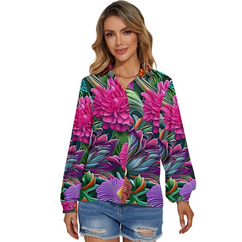 Flowers Nature Spring Blossom Flora Petals Art Women s Long Sleeve Button Up Shirt by Pakjumat