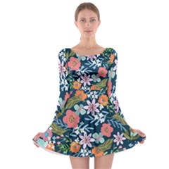 Flowers Flower Flora Nature Floral Background Painting Long Sleeve Skater Dress by Pakjumat