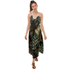 Tropical Leaves Foliage Monstera Nature Home Halter Tie Back Dress  by Pakjumat