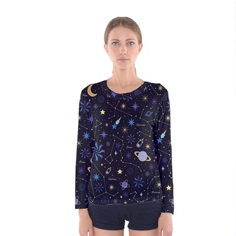 Starry Night  Space Constellations  Stars  Galaxy  Universe Graphic  Illustration Women s Long Sleeve T-shirt by Pakjumat