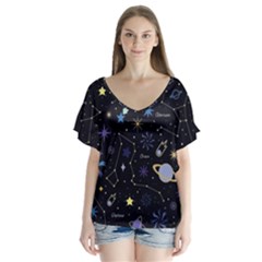 Starry Night  Space Constellations  Stars  Galaxy  Universe Graphic  Illustration V-neck Flutter Sleeve Top by Pakjumat