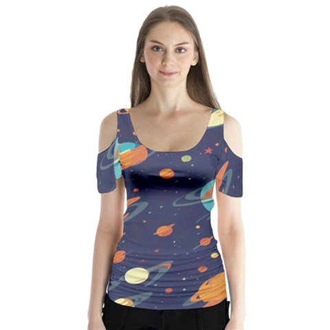 Space Galaxy Planet Universe Stars Night Fantasy Butterfly Sleeve Cutout T-shirt  by Pakjumat