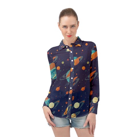 Space Galaxy Planet Universe Stars Night Fantasy Long Sleeve Chiffon Shirt by Pakjumat