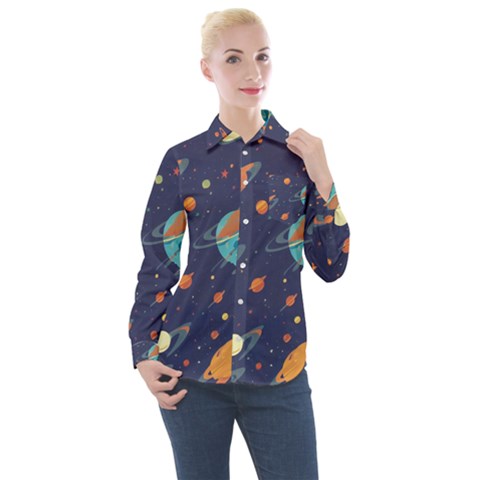 Space Galaxy Planet Universe Stars Night Fantasy Women s Long Sleeve Pocket Shirt by Pakjumat