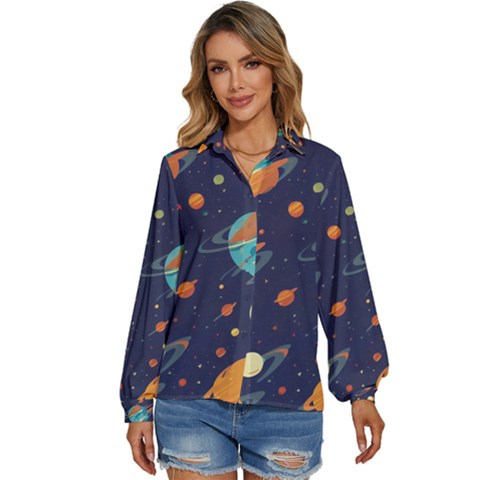 Space Galaxy Planet Universe Stars Night Fantasy Women s Long Sleeve Button Up Shirt by Pakjumat