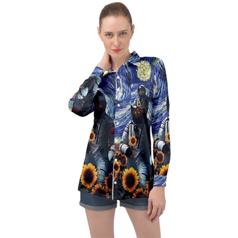 Starry Surreal Psychedelic Astronaut Space Long Sleeve Satin Shirt by Pakjumat